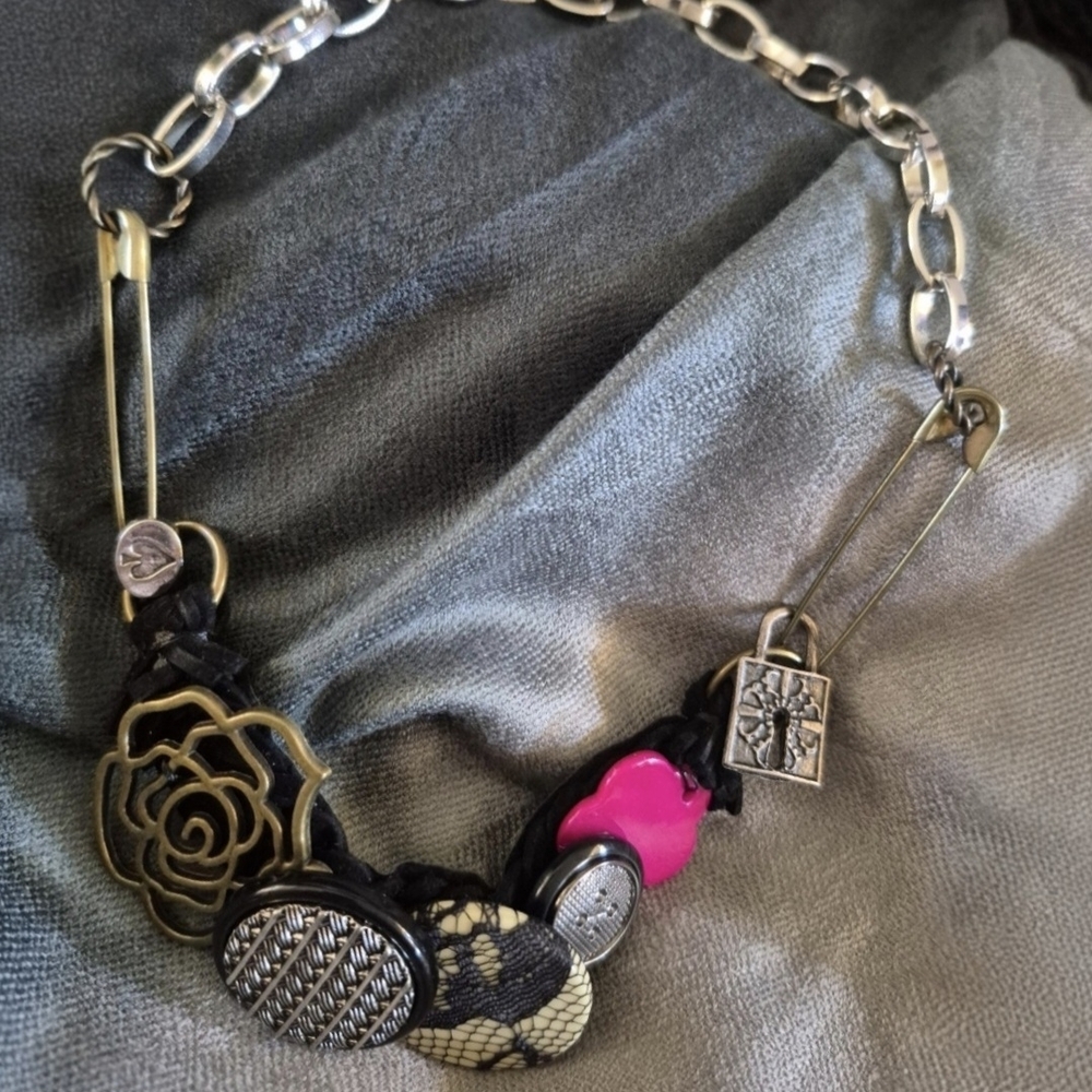 Unique Mixed Media Necklace with Pink and Gold Accents